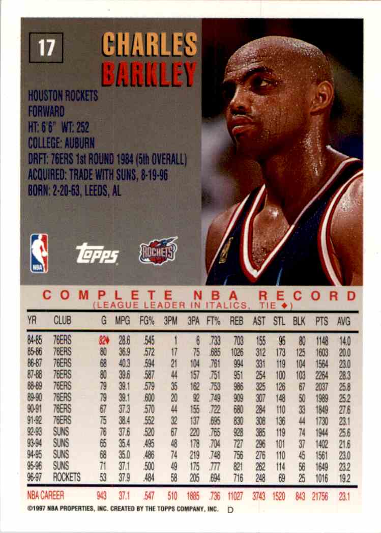 1997-98 Topps Basketball Hall Of Fame Charles Barkley #17 on Kronozio