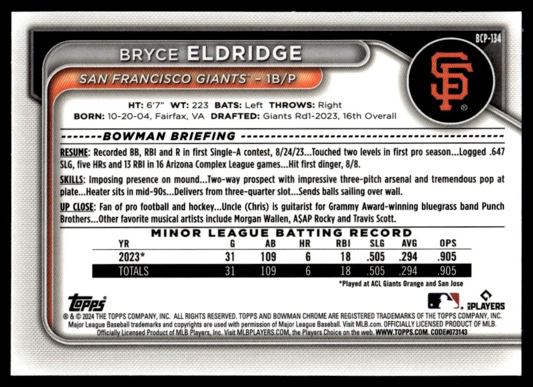 Bryce Eldridge 2024 Bowman Chrome Prospects Rookie Card #BCP-134