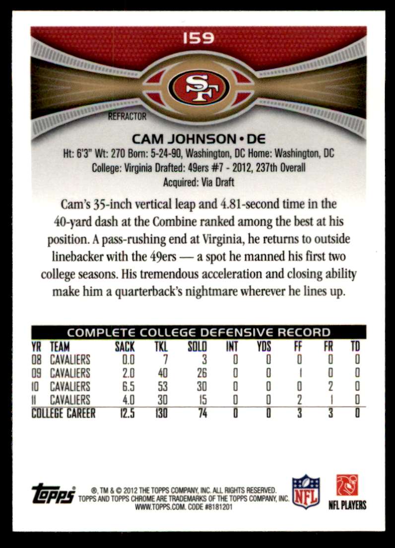 2012 Topps Chrome Refractors Cam Johnson Rookie San Francisco 49ers ...