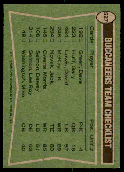 1978 Topps Morris Owens/Isaac Hagins/Mike Washington/Lee Roy Selmon #527 card back image