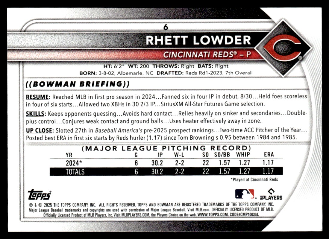 2025 Bowman Rhett Lowder #6 card back image