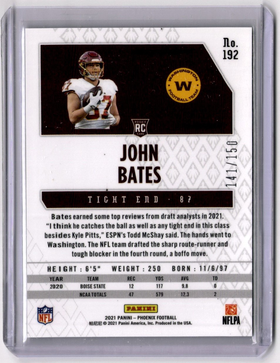 2021 Panini Football Phoenix #192 - John Bates - Washington Commanders - RC