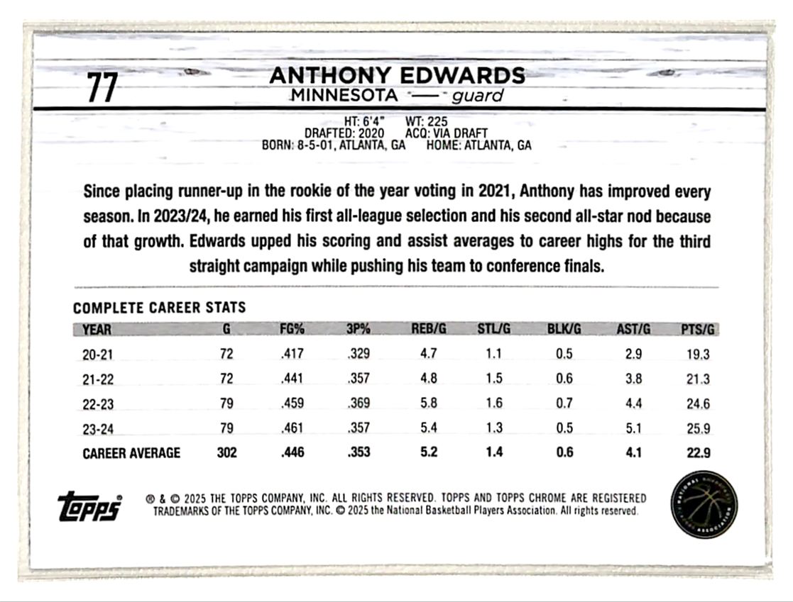 2025-26 Topps Chrome Anthony Edwards #77 card back image