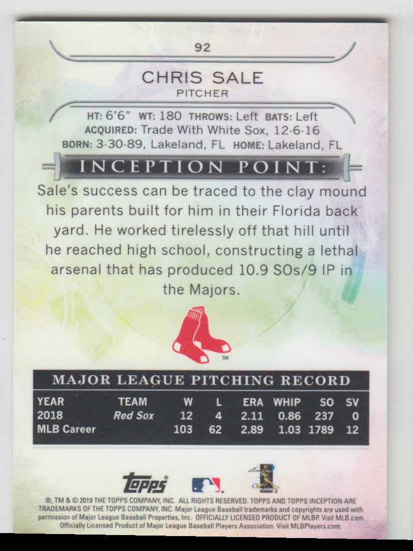 2019 Topps Inception Chris Sale Boston Red Sox #92 | eBay