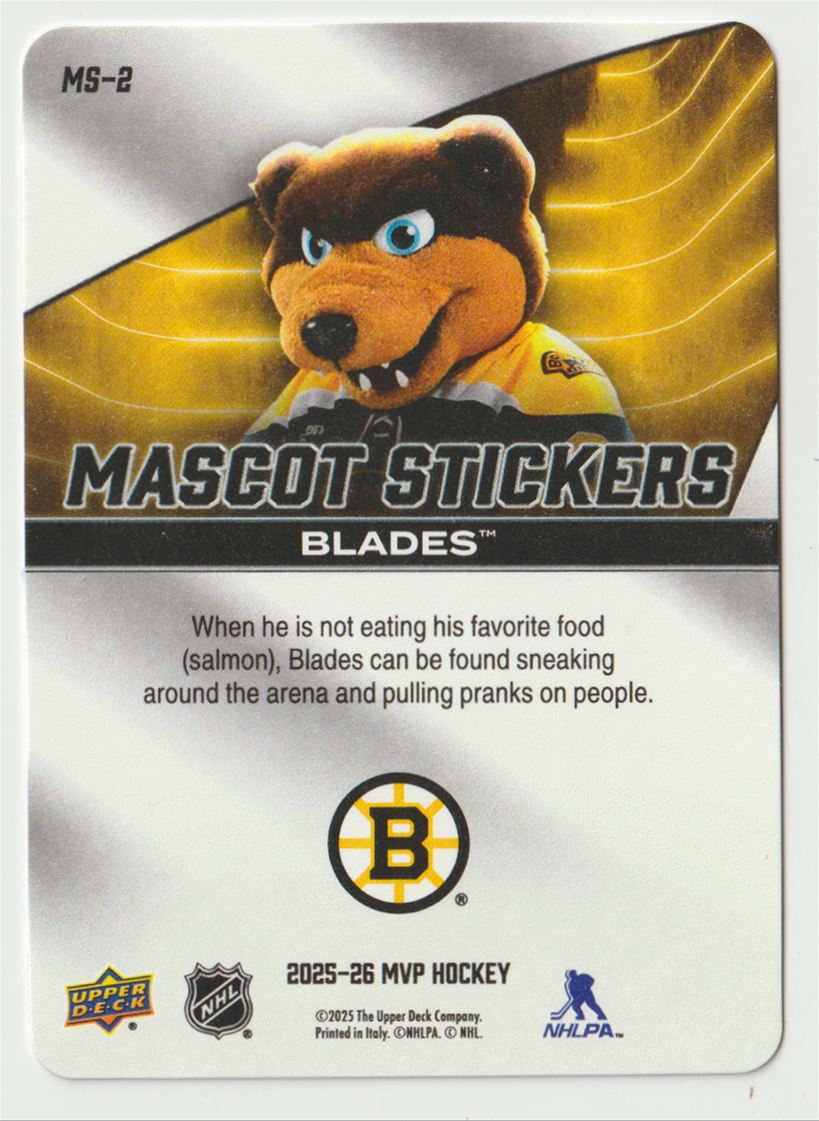 2025-26 UPPER DECK MVP MASCOT STICKERS BLADES BOSTON BRUINS #MS-2