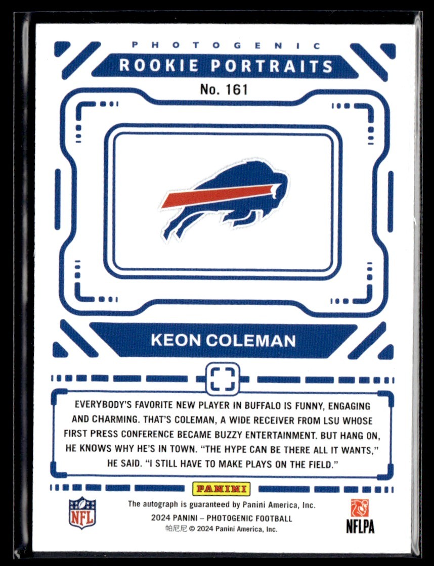 2024 Panini Photogenic Autographs Blue Keon Coleman #161 card back image