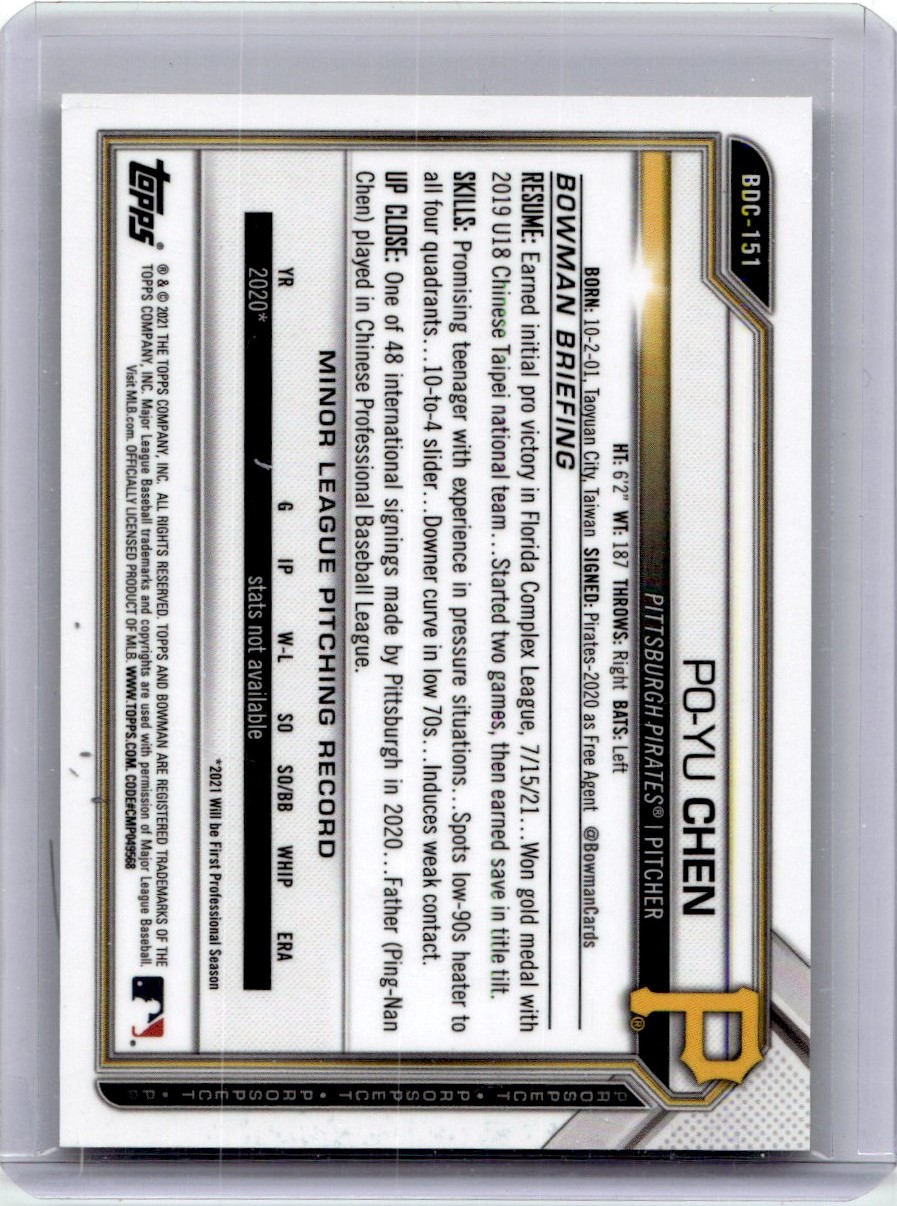 2021 Bowman Draft Chrome Gold Wave Refractor Po-Yu Chen #BDC-151 card back image