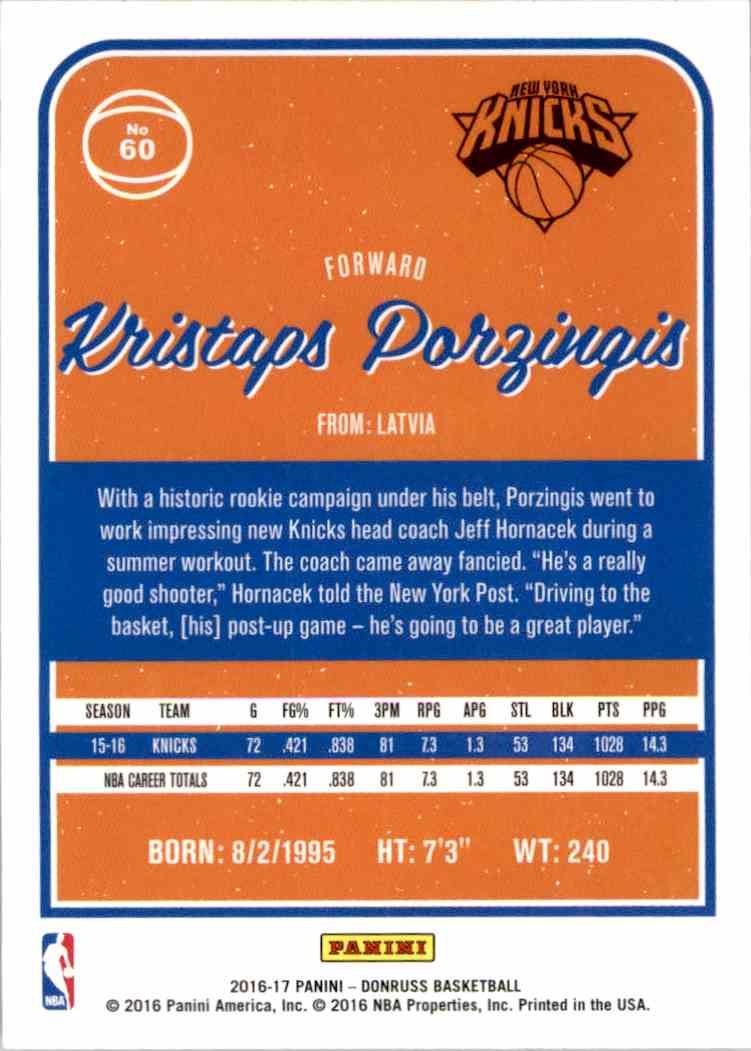 2016-17 Panini NBA Donruss Kristaps Porzingis #60 card back image