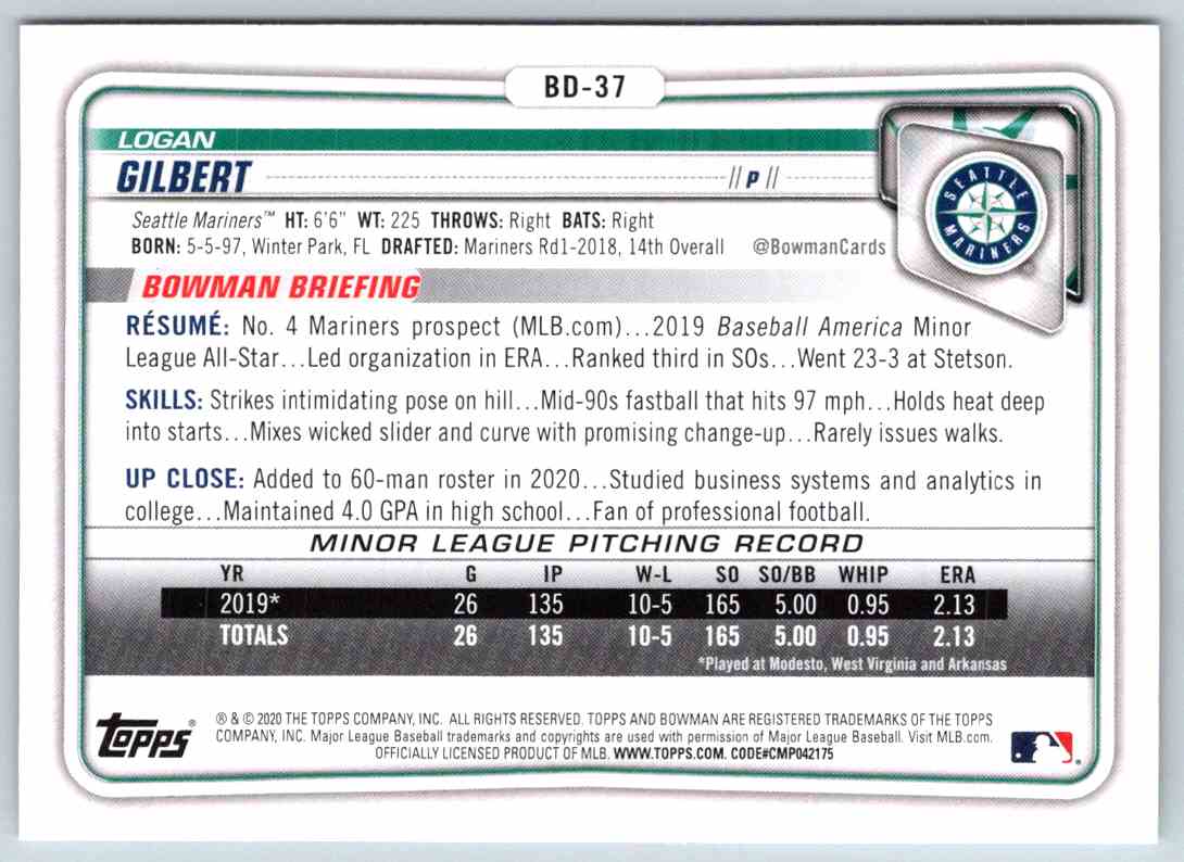 2020 Bowman Draft Logan Gilbert #BD-37 card back image