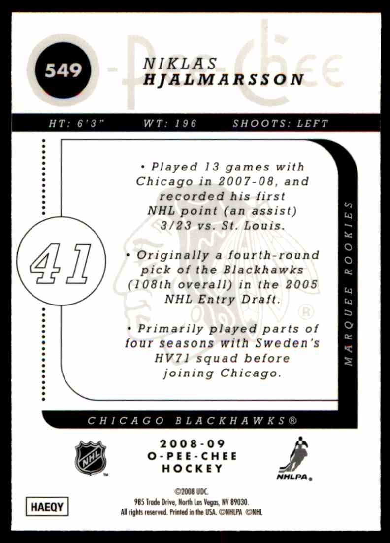 2008 09 O Pee Chee Marquee Rookie Gold Niklas Hjalmarsson 549 On Kronozio