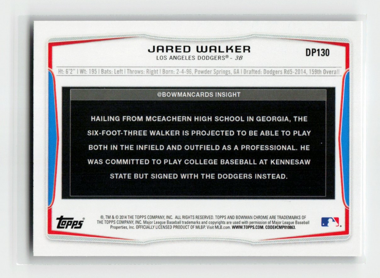 2014 Bowman Jared Walker #DP130 card back image