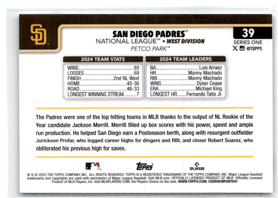 2025 Topps San Diego Padres #39 card back image