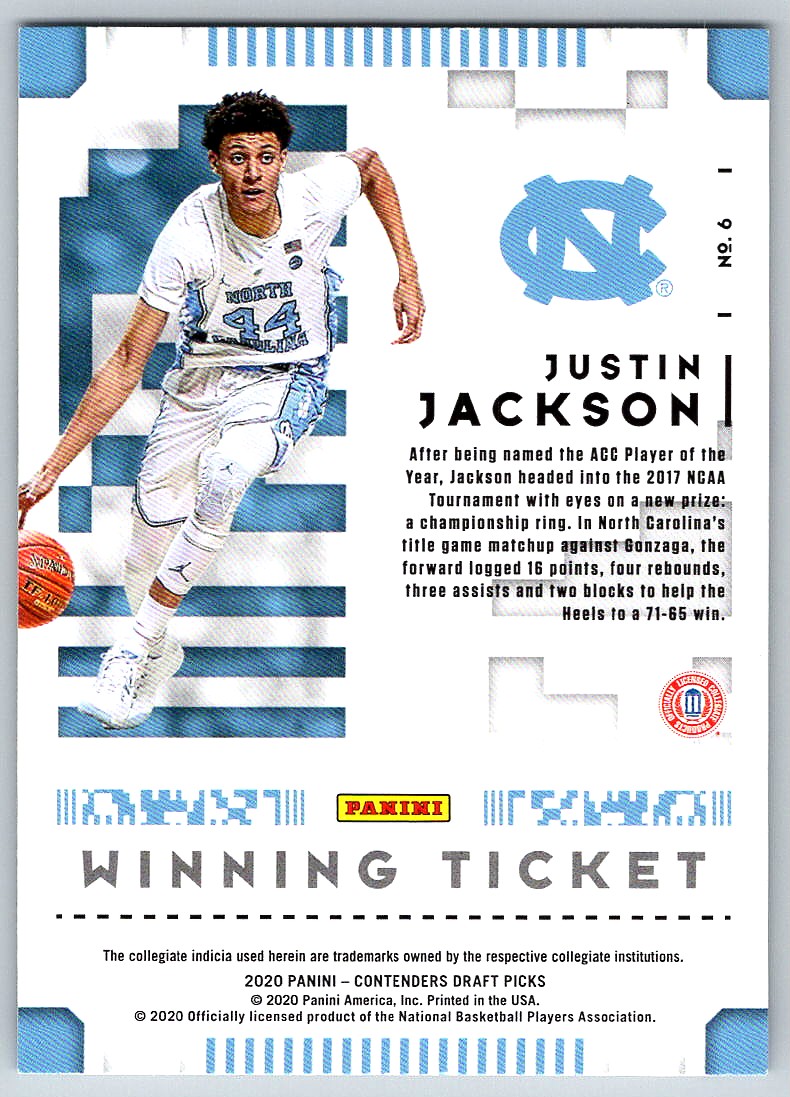 2020-21 Panini Contenders Draft Picks Justin Jackson #6 card back image