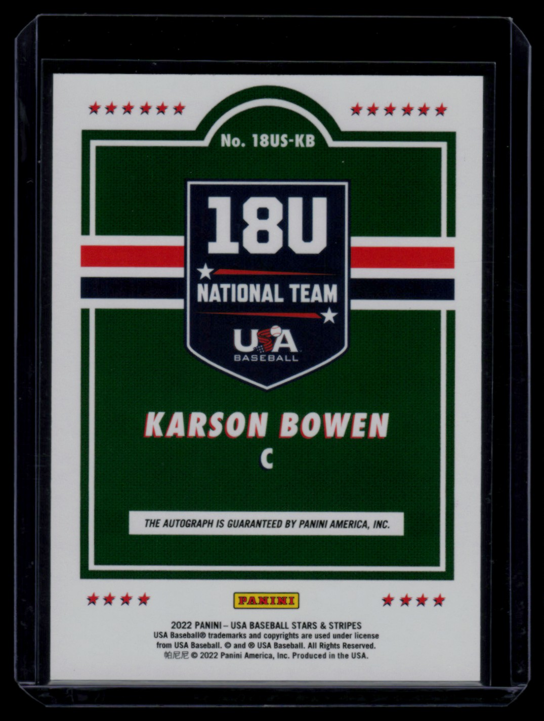 2022 Panini USA Baseball Stars & Stripes 18U National Team Signatures Blue Ink Karson Bowen #18US-KB card back image