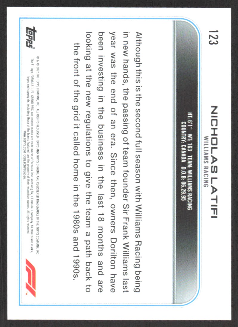 2022 Topps Chrome Formula 1 Nicholas Latifi #123 card back image