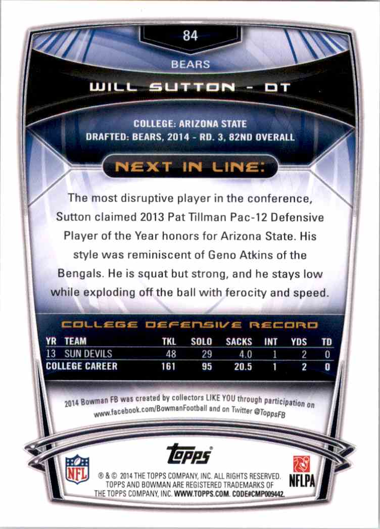 2014 Bowman Rainbow Black Football Card Will Sutton #R84 on Kronozio