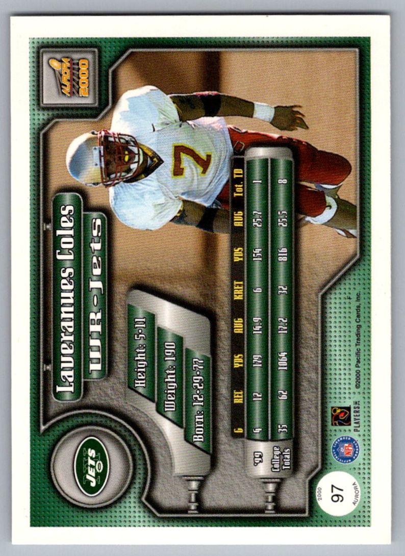 2000 Pacific Aurora Autographs Laveranues Coles #97 card back image