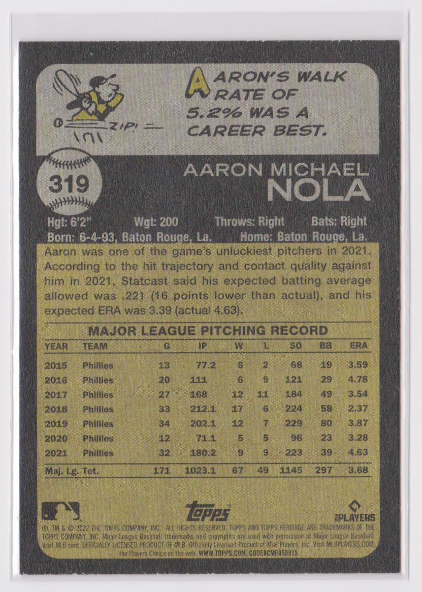 2022 Topps Heritage Aaron Nola #319 card back image