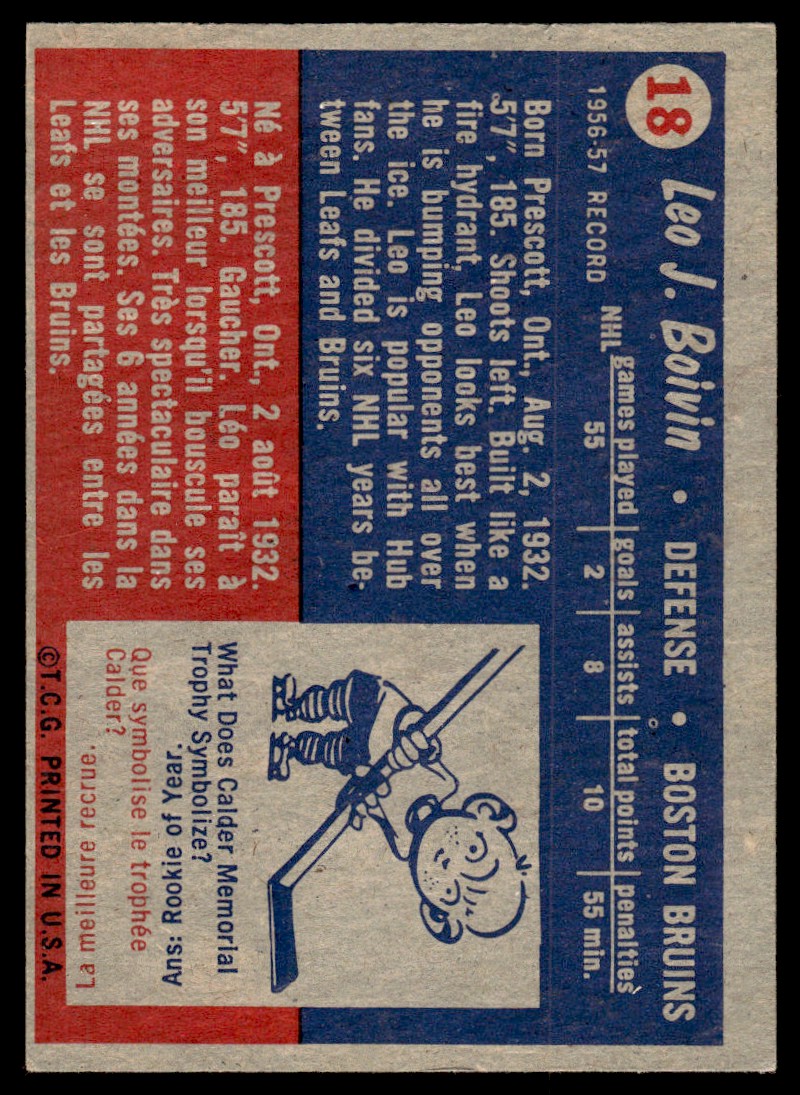 1957-58 Topps EX+ Leo Boivin #18 card back image