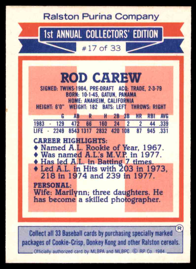 1984 Ralston Purina Rod Carew #17 card back image