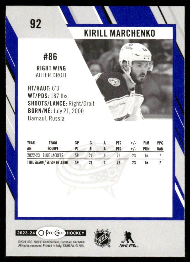 2023-24 O-Pee-Chee Blue Border Kirill Marchenko #92 card back image