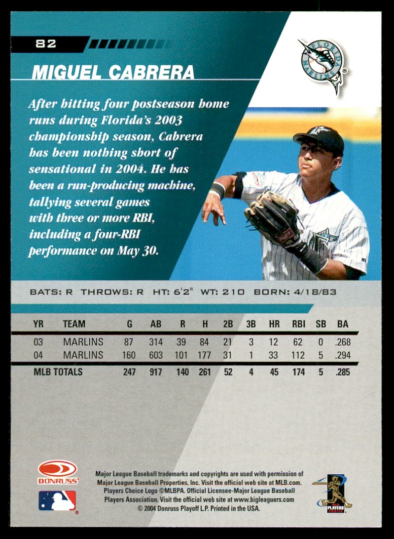 2005 Leaf Miguel Cabrera #82 NM+ Or Better Florida Marlins