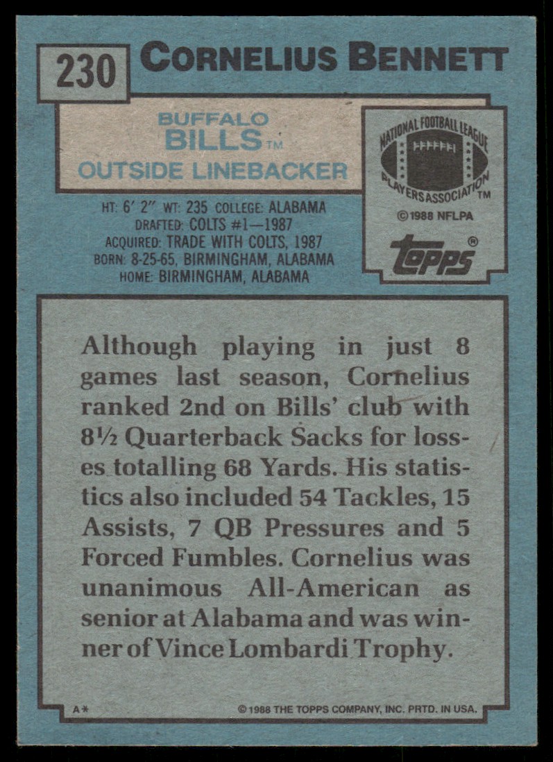 1988 Topps Cornelius Bennett #230 card back image