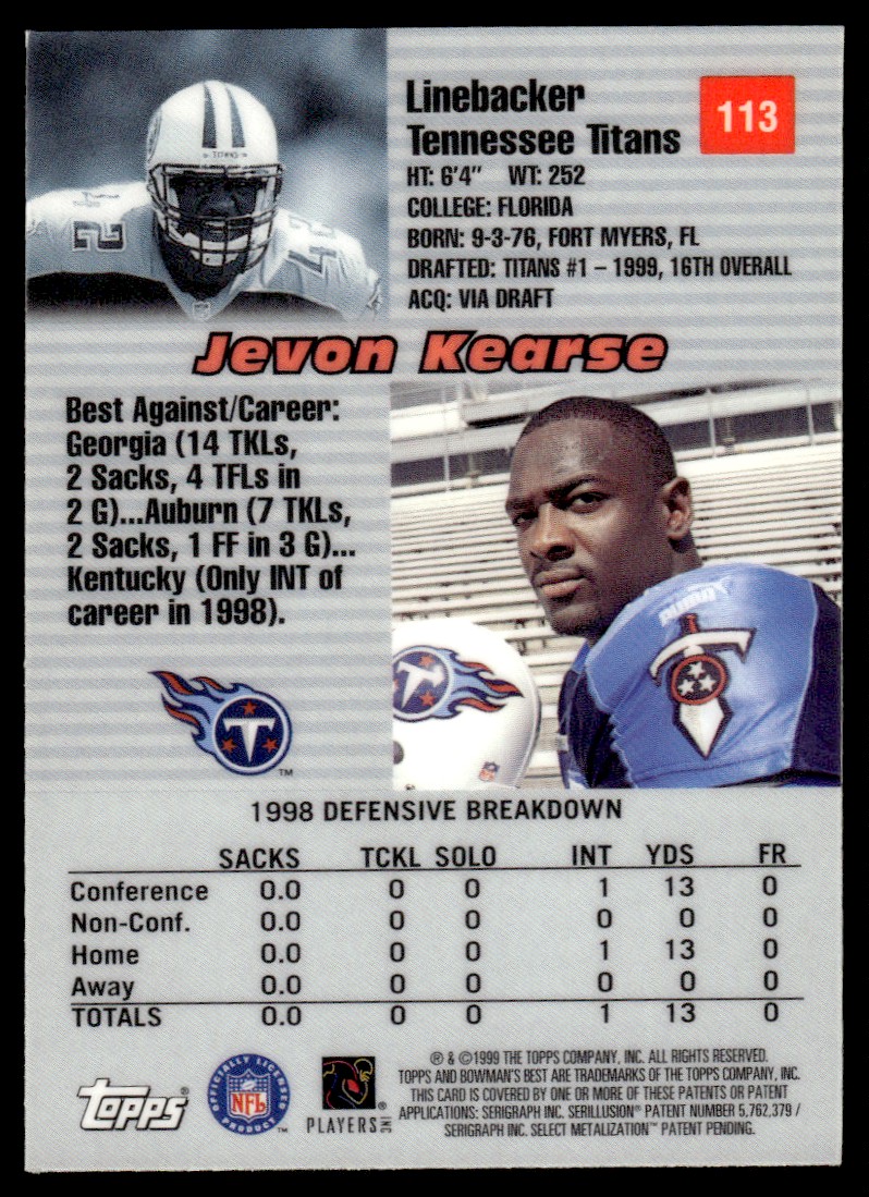 1999 Bowman's Best Jevon Kearse #113 card back image