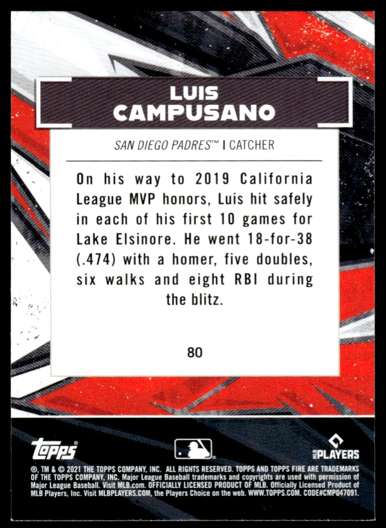 2021 Topps Fire Luis Campusano #80 card back image