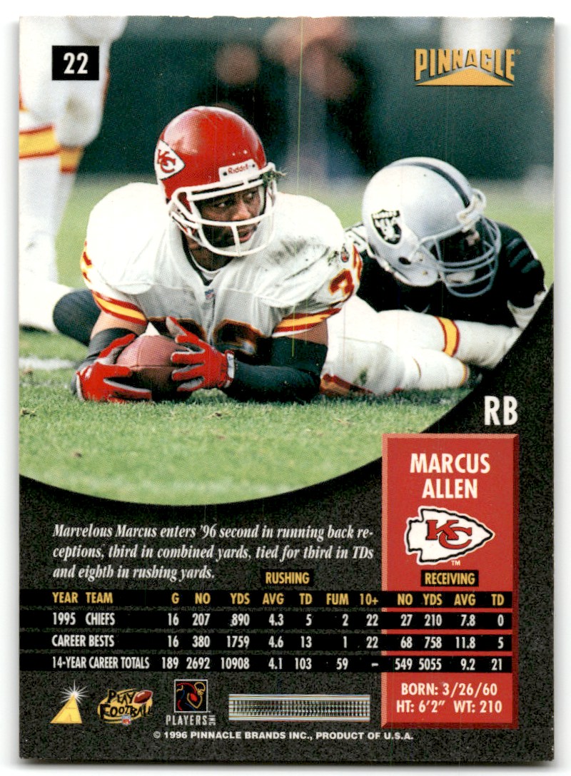 1996 Pinnacle Football Card Marcus Allen #22 Kansas City Chiefs | eBay