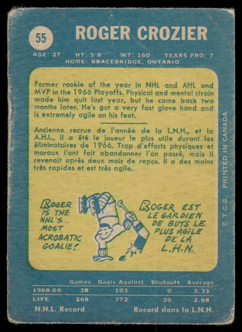 1969-70 O-Pee-Chee Hockey OPC Roger Crozier #55 card back image