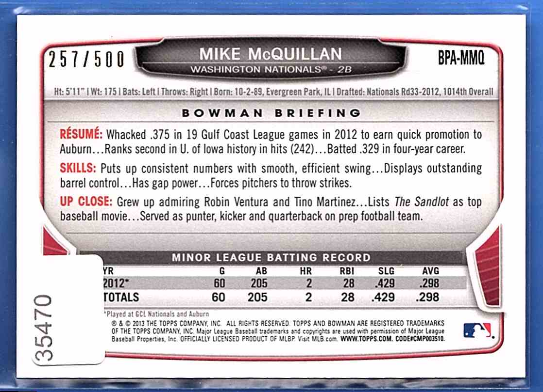 2013 Bowman Prospect Autographs Blue Mike McQuillan #BPA-MMQ card back image