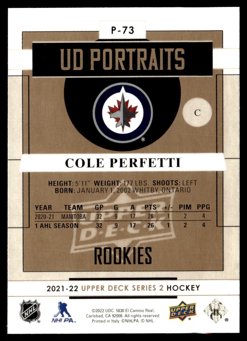 2021-22 Upper Deck UD Portraits Cole Perfetti #P-73 card back image
