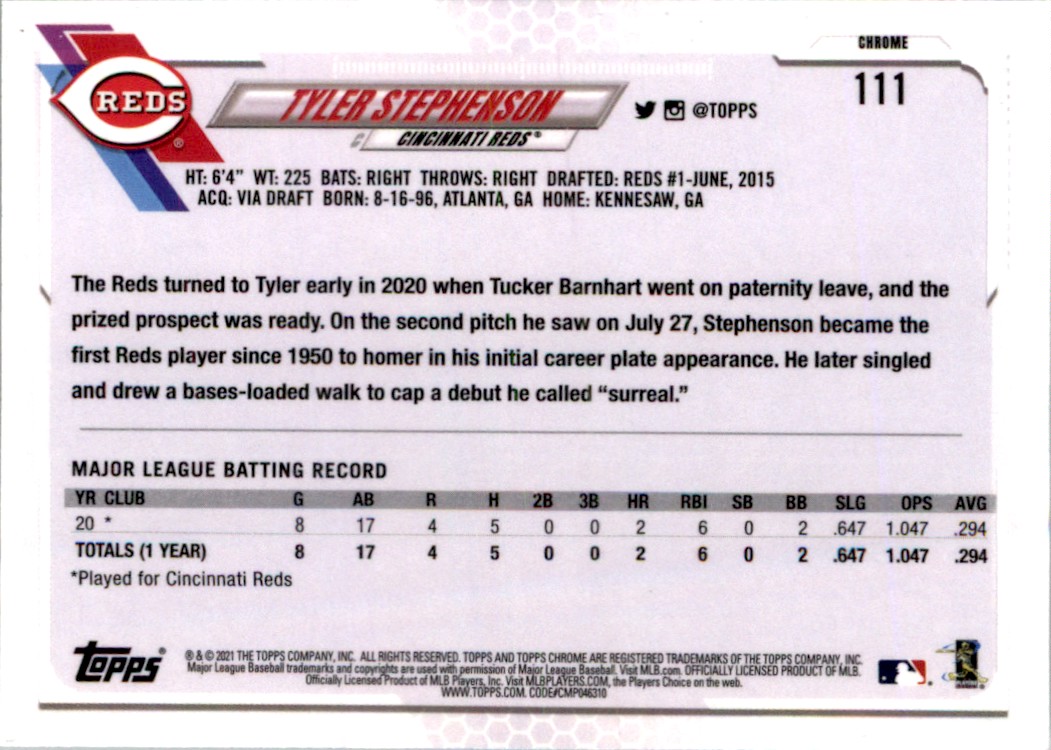  2021 Topps Chrome #111 Tyler Stephenson Cincinnati Reds  Baseball Card : Collectibles & Fine Art