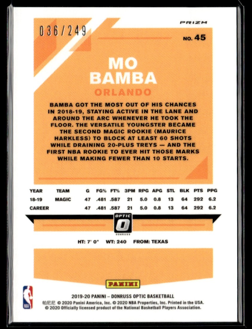 2019-20 Donruss Optic Premium Box Set Mo Bamba #45 card back image