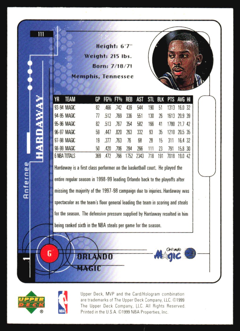 1999-00 Upper Deck MVP Anfernee Hardaway #111 card back image