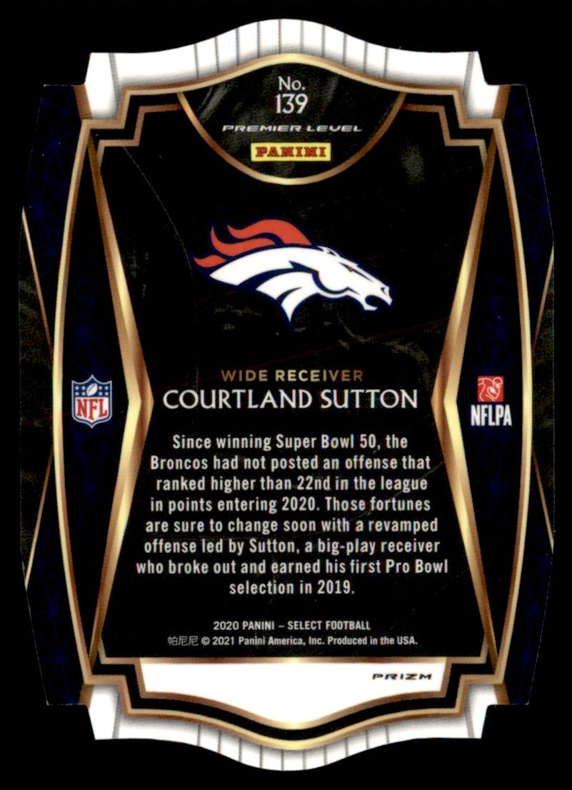 2020 Panini Select Die-Cut Prizm Purple Courtland Sutton #139 card back image