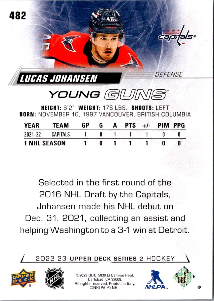2022-23 Upper Deck Young Guns Lucas Johansen #482 card back image