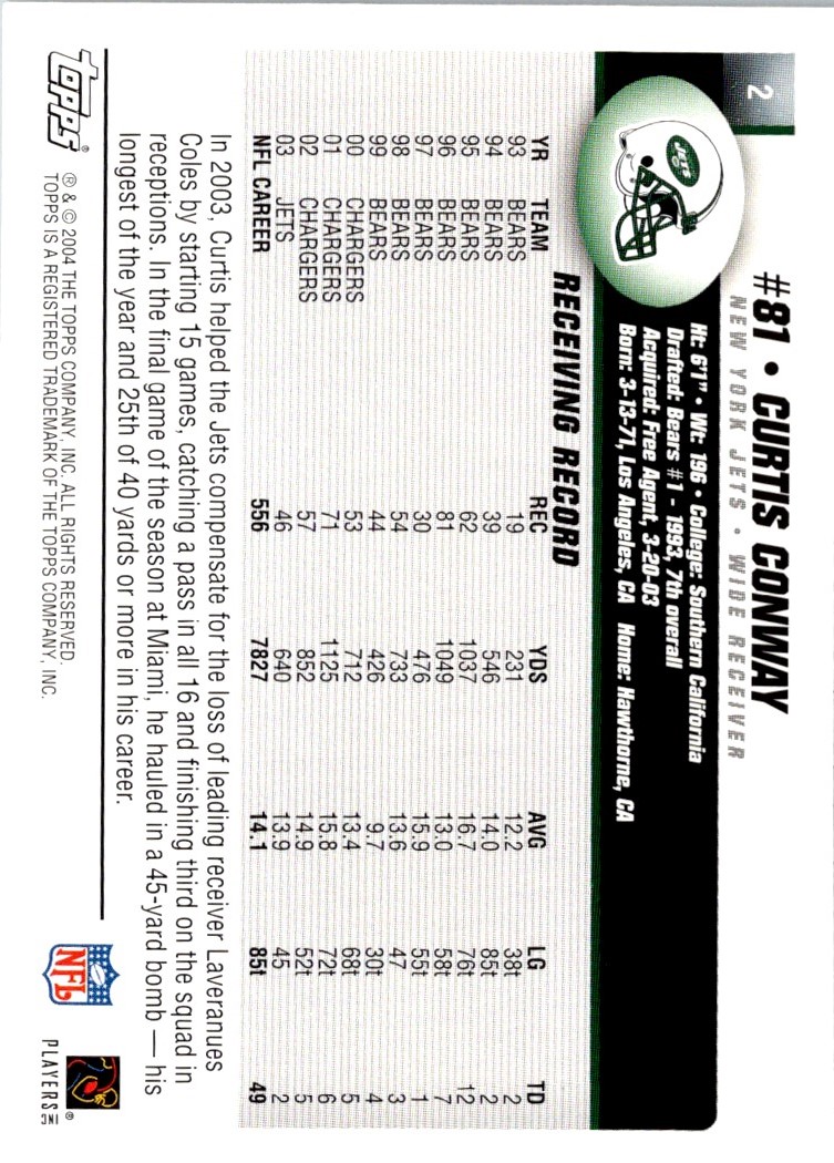 Curtis Conway Jets 2003 Topps Total #282 Curtis Conway New York Jets