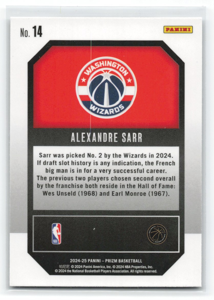 2024-25 Prizm Alexandre Sarr #14 card back image
