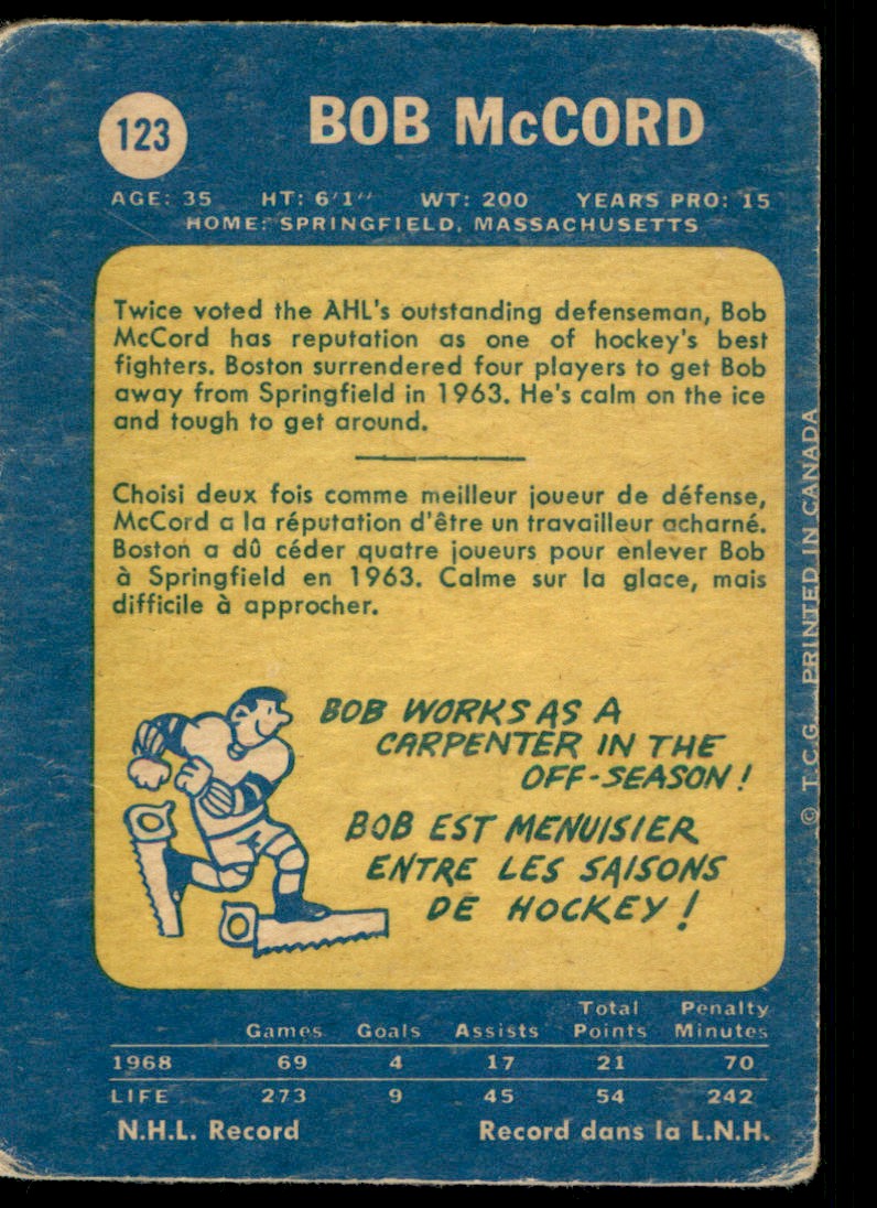 1969-70 O-Pee-Chee Bob McCord #123 card back image