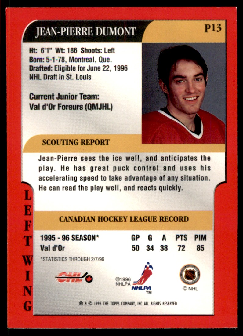 1995-96 Bowman Draft Prospects Jean-Pierre Dumont #P13 card back image