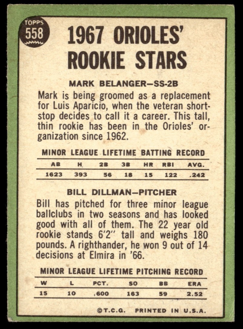 1967 Topps Orioles Rookie Stars Mark Belanger/Bill Dillman VG+ #558 card back image