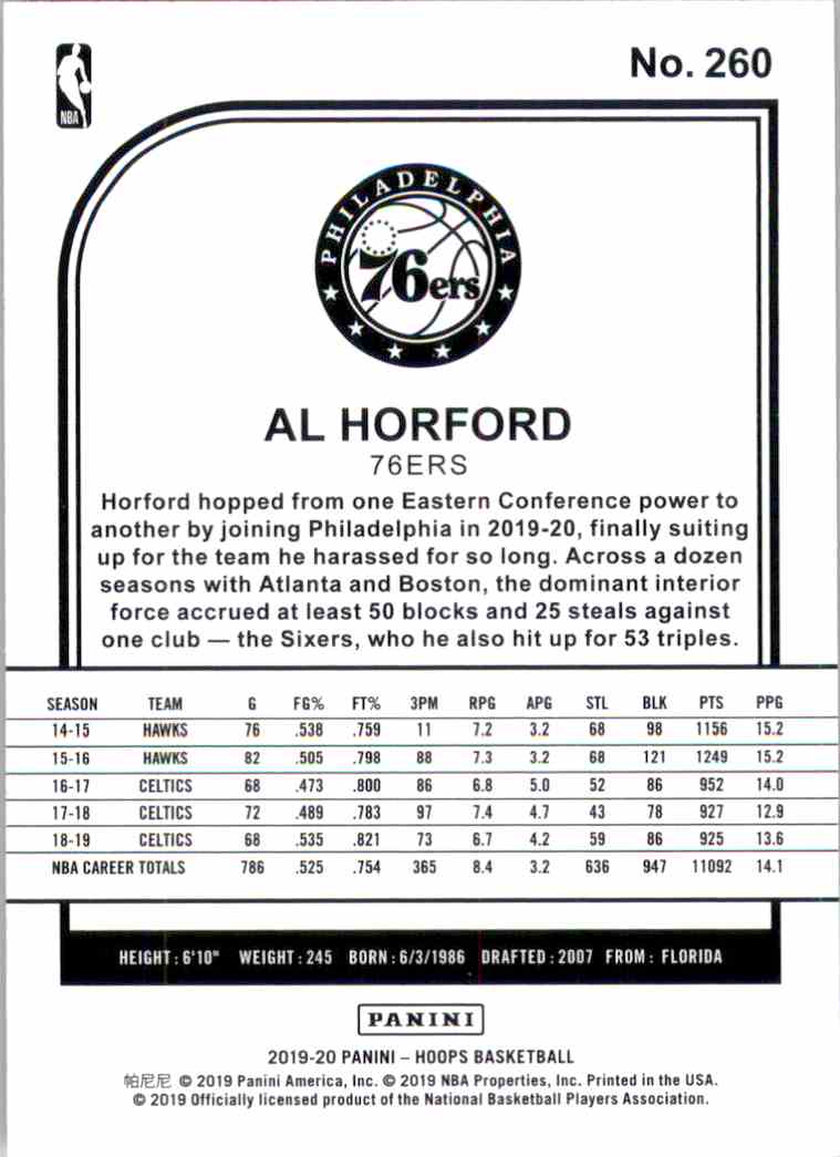 2019-20 Hoops Orange Explosion Al Horford #260 card back image