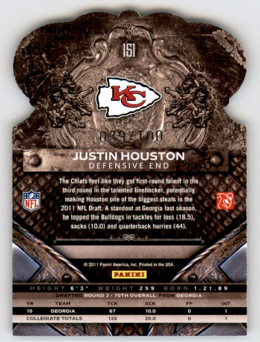2011 Crown Royale Blue Football Cards Justin Houston #151 card back image