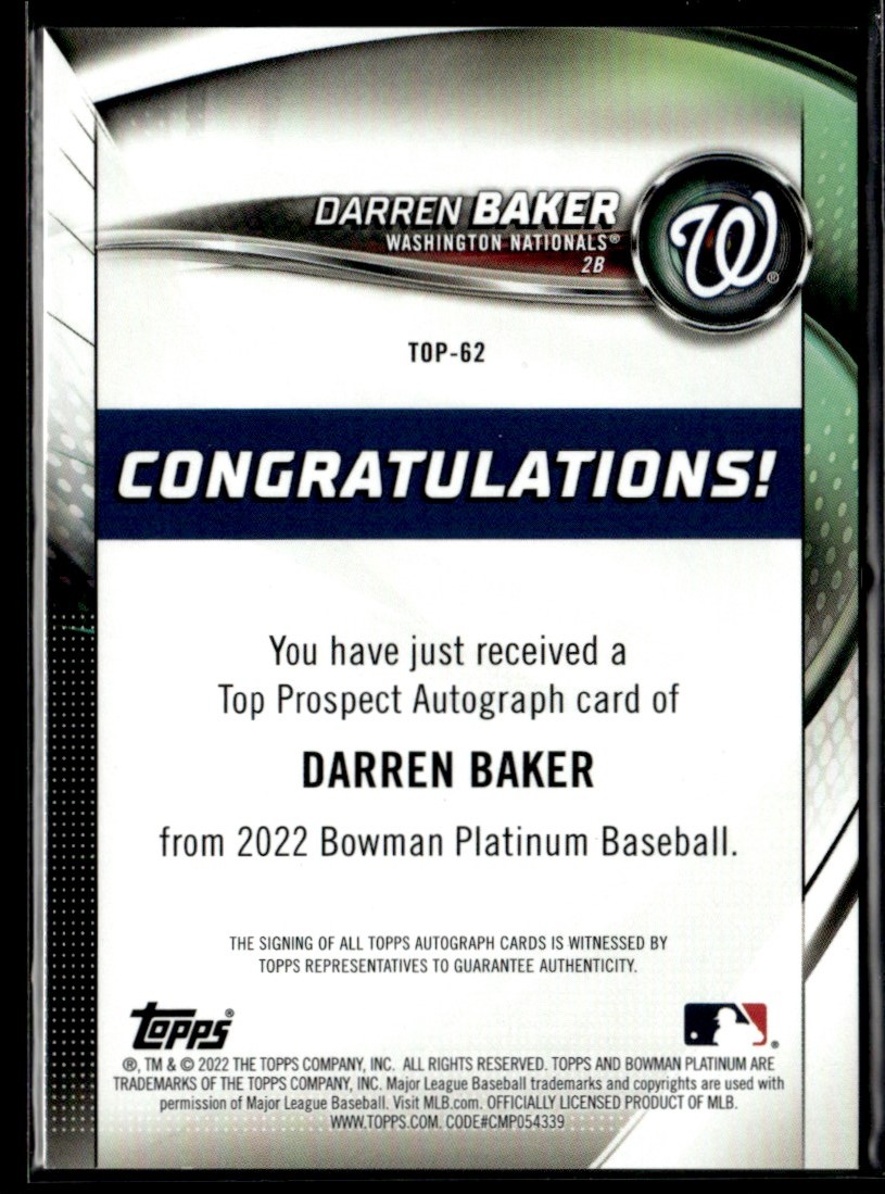 2023 Bowman Platinum Top Prospect Autograph Darren Baker #TOP-62 on Kronozio