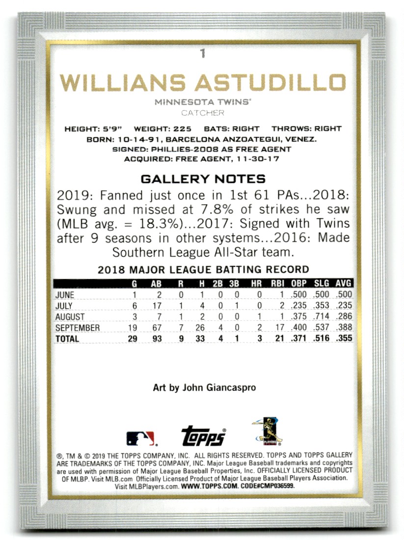 2019 Topps Gallery Willians Astudillo #1 card back image