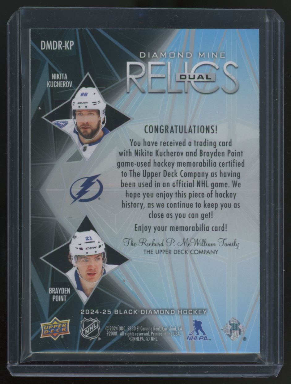 2024-25 Upper Deck Black Diamond Mine Dual Relics Nikita Kucherov / Brayden Point #DMDR-KP card back image