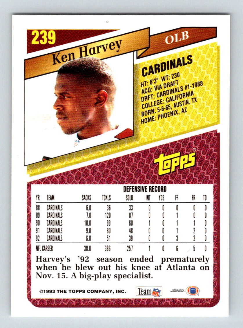 1993 Topps Ken Harvey #239 card back image