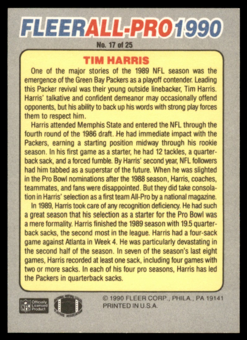 1990 Fleer All-Pros Tim Harris #17 card back image